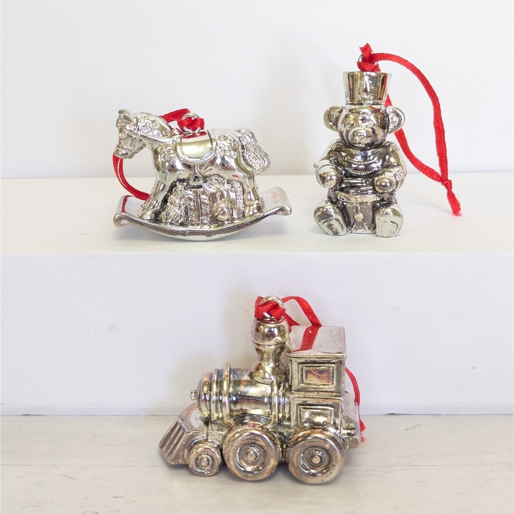 Reed & Barton Mini Ornaments Silverplated Train Teddy Bear Rocking Horse Set